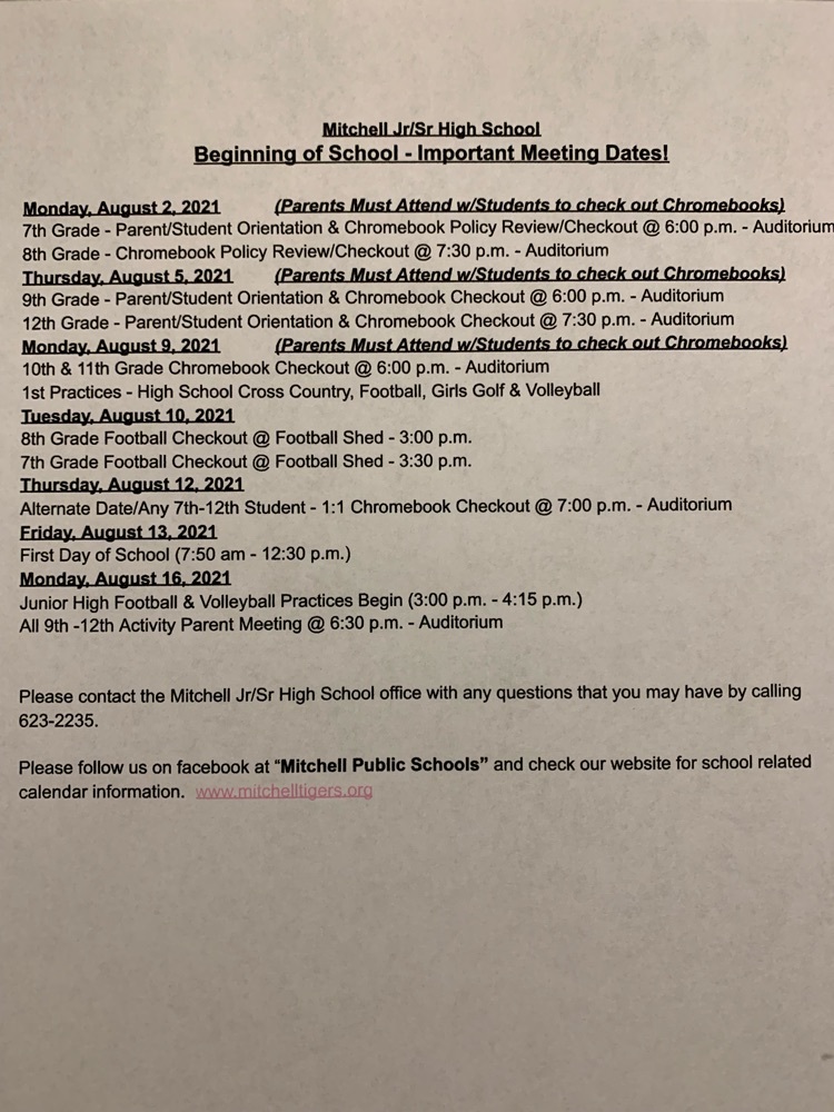 Beginning of School- Important Meeting Dates