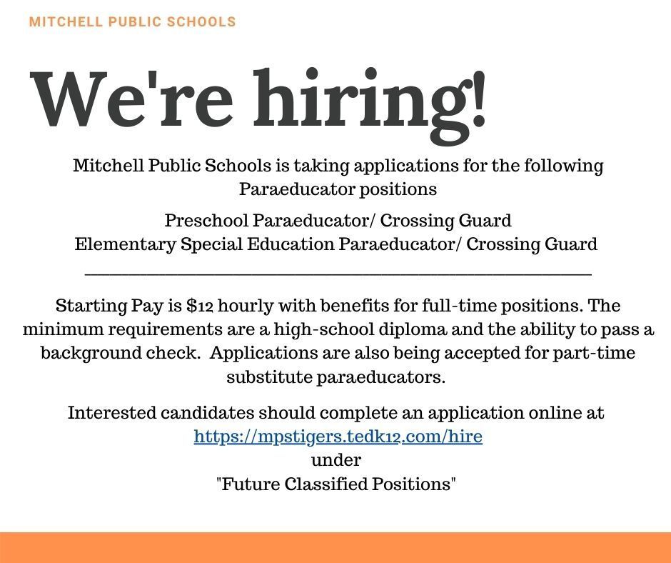 We're hiring Preschool Paraeducator/ Crossing Guard  Elementary Special Education Paraeducator/ Crossing Guard 
